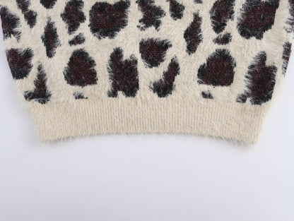 Fall Women Clothing Leopard Jacquard Round Neck Pullover Knitted Long Sleeve Sweater