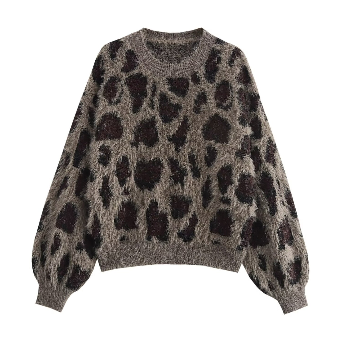 Fall Women Clothing Leopard Jacquard Round Neck Pullover Knitted Long Sleeve Sweater