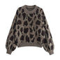 Fall Women Clothing Leopard Jacquard Round Neck Pullover Knitted Long Sleeve Sweater