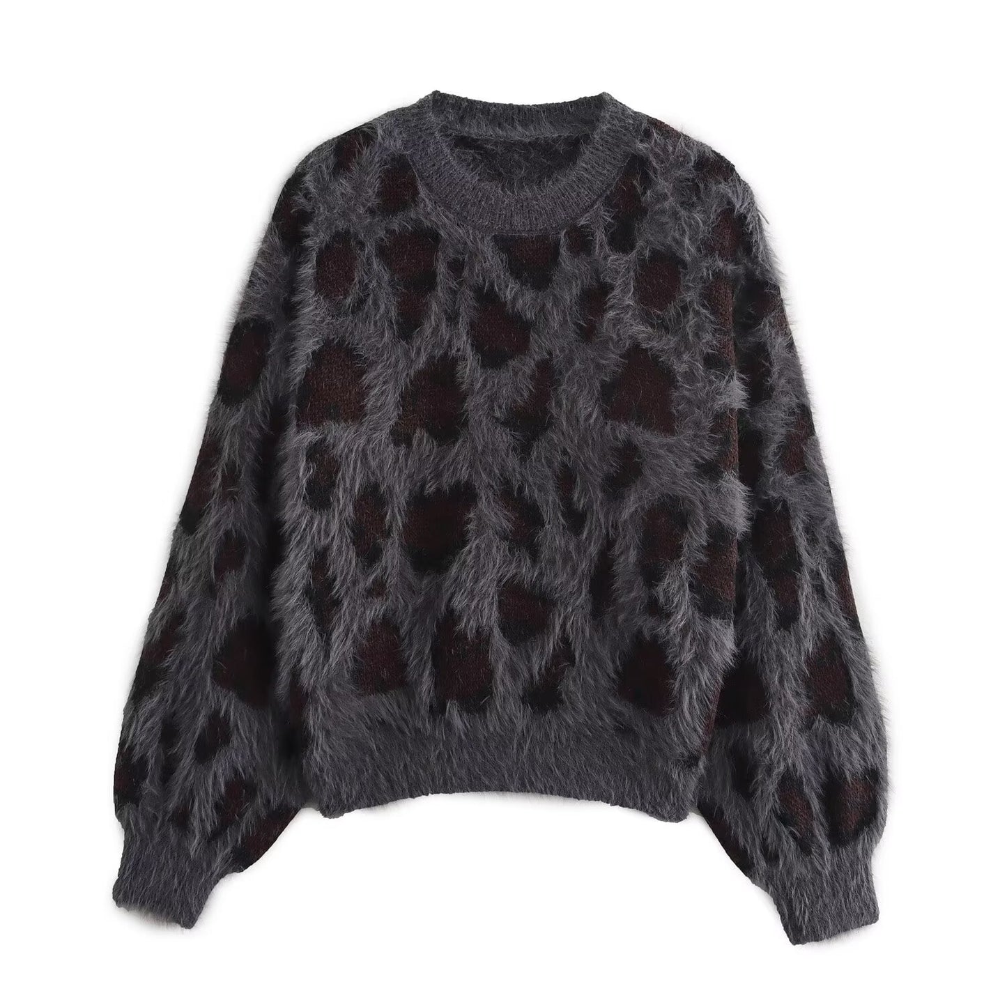 Fall Women Clothing Leopard Jacquard Round Neck Pullover Knitted Long Sleeve Sweater