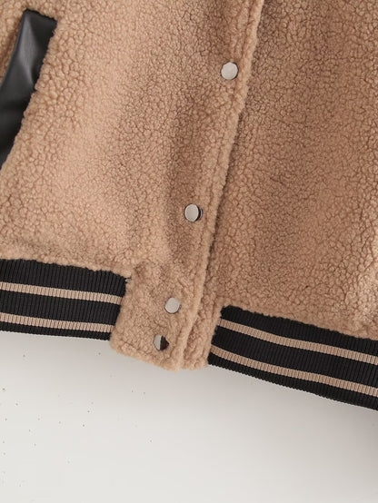 Fall Women Clothing Stylish Simple Stitching Lamb Wool Coat Jacket Coat