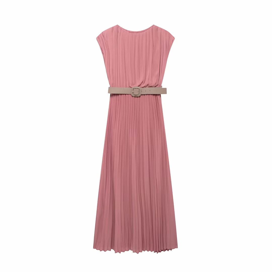 Women Solid Color With Belt Pleated Loose Dress