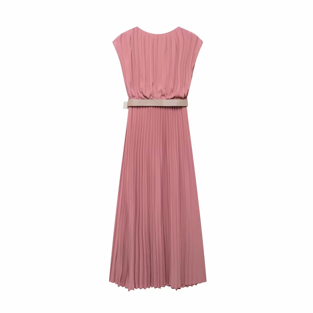 Women Solid Color With Belt Pleated Loose Dress