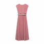 Women Solid Color With Belt Pleated Loose Dress