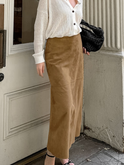 Autumn Retro Fashionable Knitted Brushed Velvet Khaki Slim High Waist Straight Skirt Elegant Casual Women