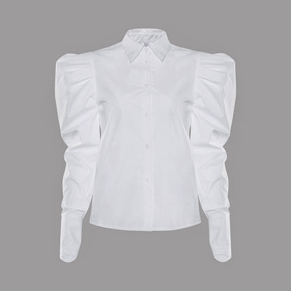 White Puff Sleeve Shirt Top Women Loose Retro Long Sleeve Business Shirt