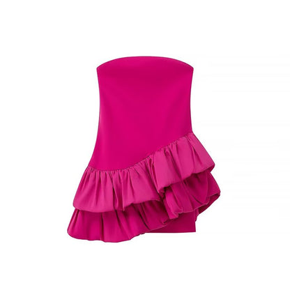 Tube Top Irregular Asymmetric Slim Fit Women Clothing Ruffled Summer Stitching Mini Dress Rose Red