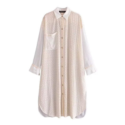 Women Clothing Autumn Casual Collared Long Sleeve Hollow Out Cutout Embroidery Long Shirt