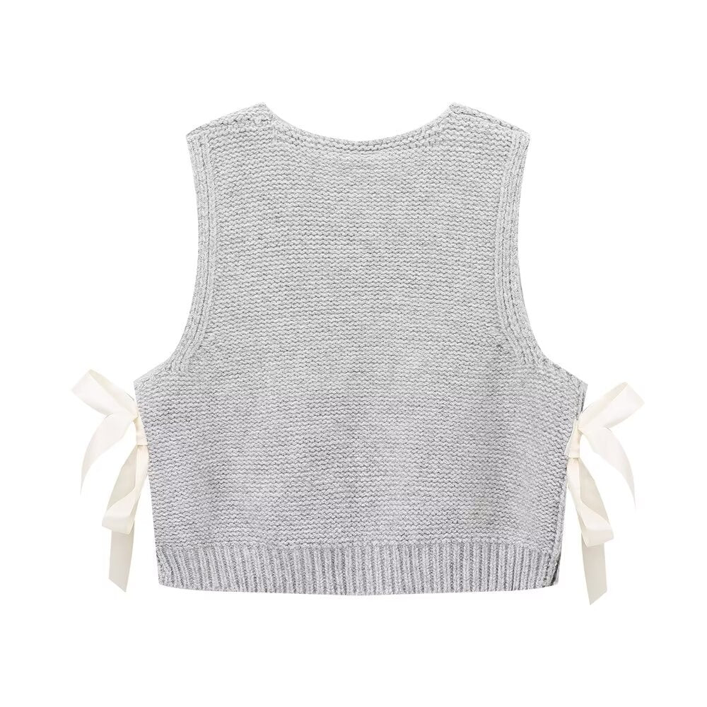 Fall Women Clothing Stylish Simple Side Bow Button Knitted Vest