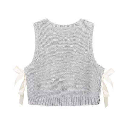 Fall Women Clothing Stylish Simple Side Bow Button Knitted Vest