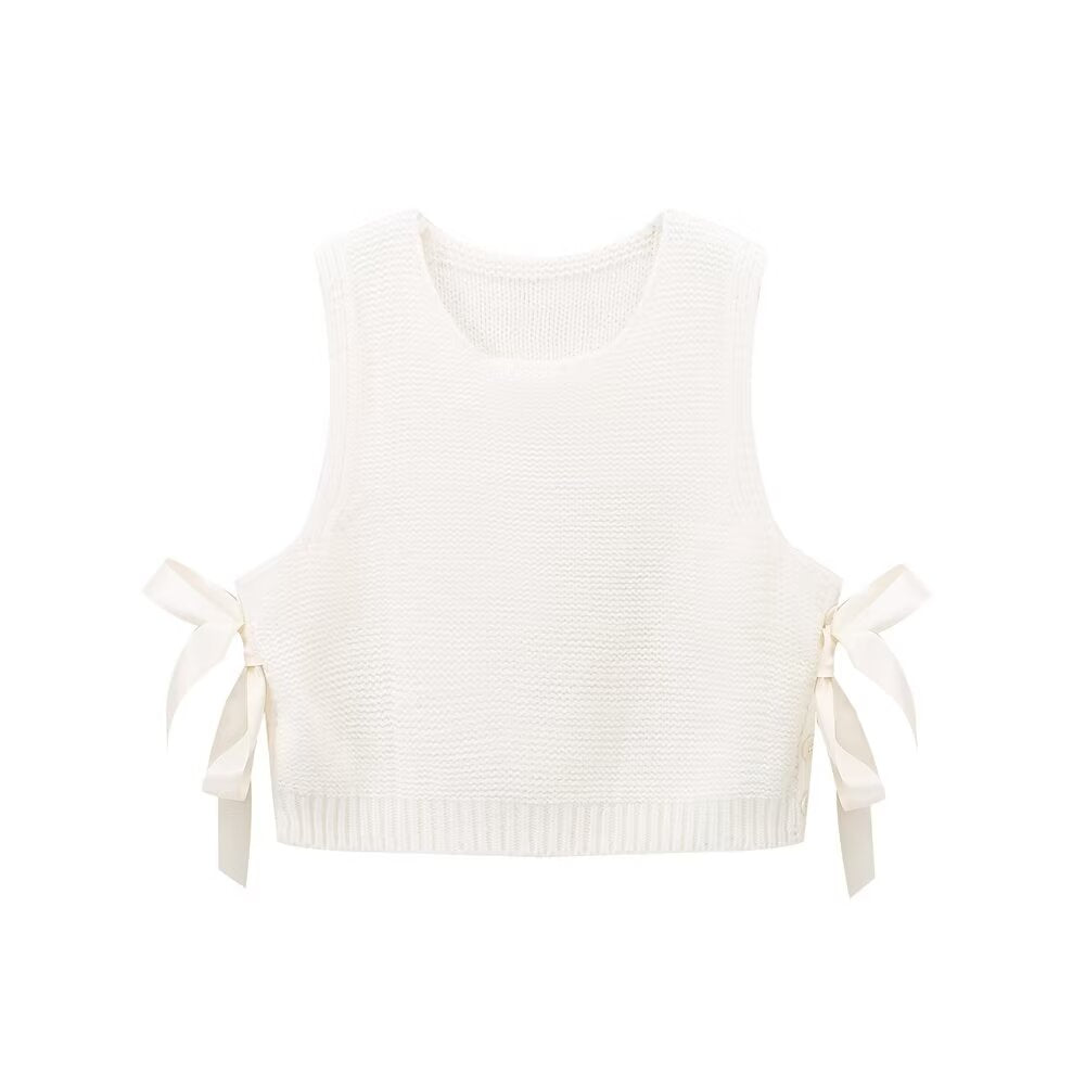 Fall Women Clothing Stylish Simple Side Bow Button Knitted Vest