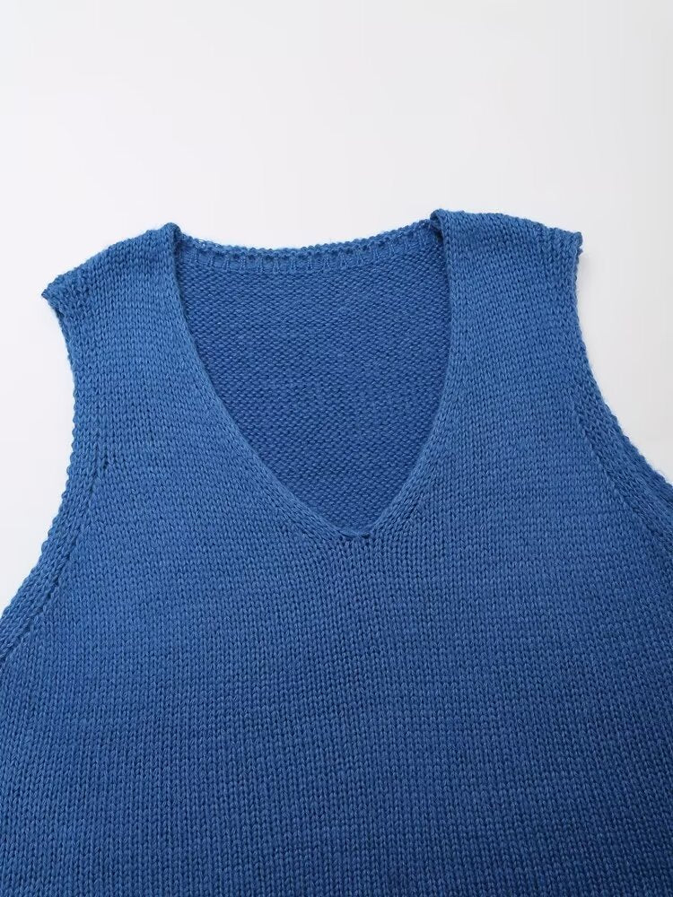 Women Clothing Autumn Klein Blue V neck Bandage Dress Knitted Vest Outer Wear