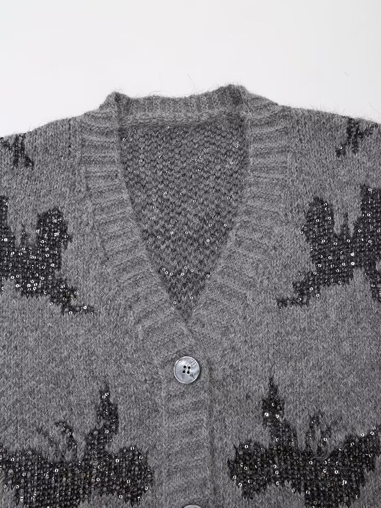 Women Clothing Autumn Winter V neck Top Sequined Jacquard Knitted Cardigan