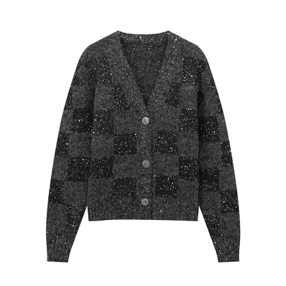 Women Clothing Autumn Winter V neck Top Sequined Jacquard Knitted Cardigan