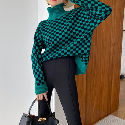 Autumn Winter Chessboard Plaid Stand Collar Color Matching Sweater Women Loose Soft Knitted Top