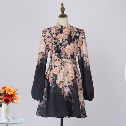 Women Floral Stand Collar Single Breasted Long Sleeve Short Dress