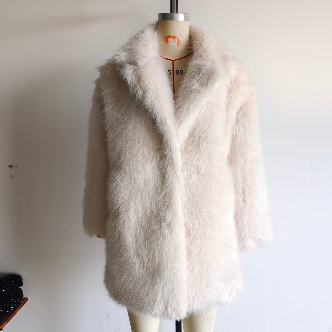 Women Clothing Spring Warm Collared Loose Artificial Fur Effect Overcoat Jacket