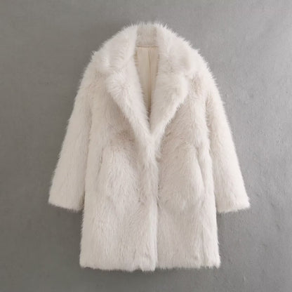 Women Clothing Spring Warm Collared Loose Artificial Fur Effect Overcoat Jacket