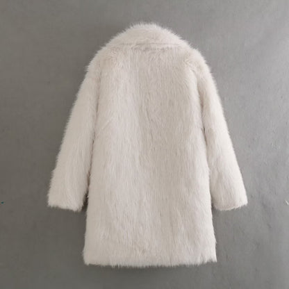 Women Clothing Spring Warm Collared Loose Artificial Fur Effect Overcoat Jacket