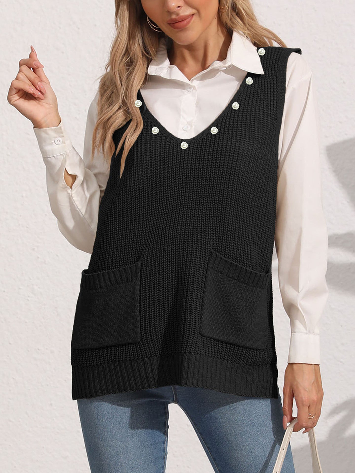 Women Vest Clothing Double Pocket V neck Patchwork Casual Pearl Beaded Vest Top Sweater