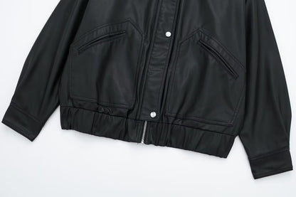 Women Collared Loose Faux Leather Bomber Jacket Coat