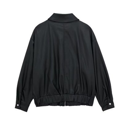 Women Collared Loose Faux Leather Bomber Jacket Coat