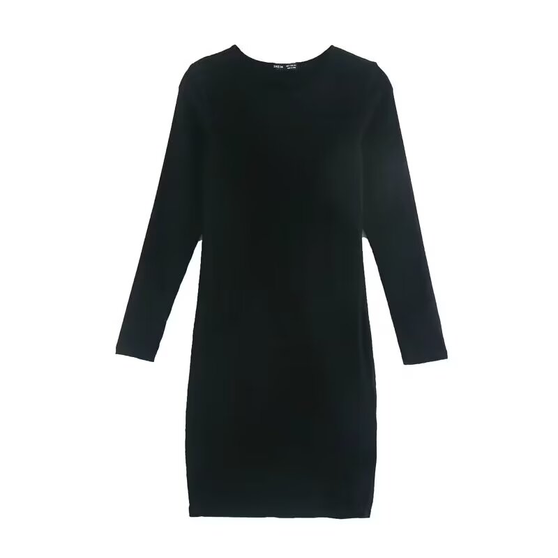 Autumn Women Clothing Black Cotton Threaded Long Sleeve Slim Fit Slit Dress