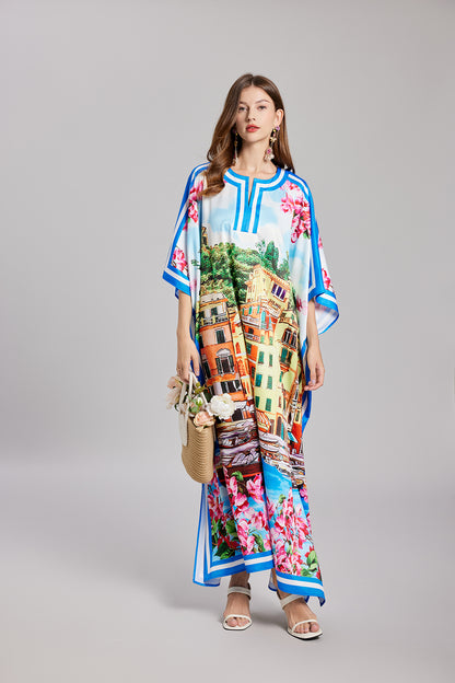 Vintage Positioning Printed Round Neck Split Long Sleeve Distinctive Dress Loose Dress