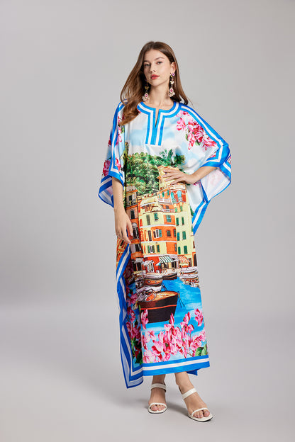 Vintage Positioning Printed Round Neck Split Long Sleeve Distinctive Dress Loose Dress