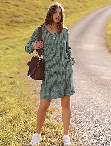 Women Clothing V Neck Pocket Sunken Stripe Brushed Long Sleeve Casual Dress