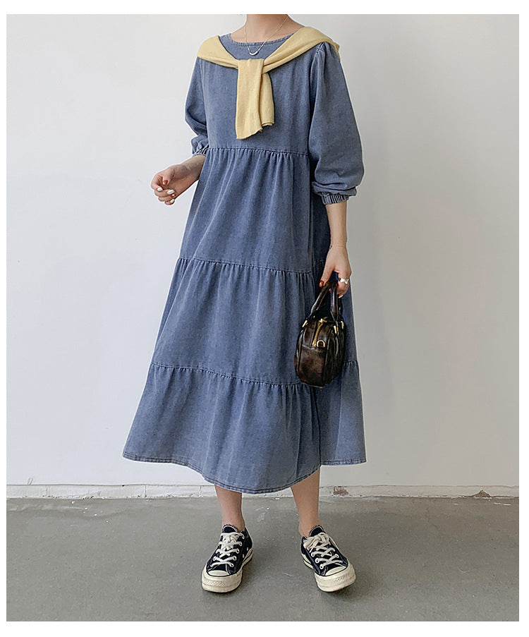 Women Clothing Japanese Korean Loose Denim Dress Long below the Knee Casual All Match Shirt Dress