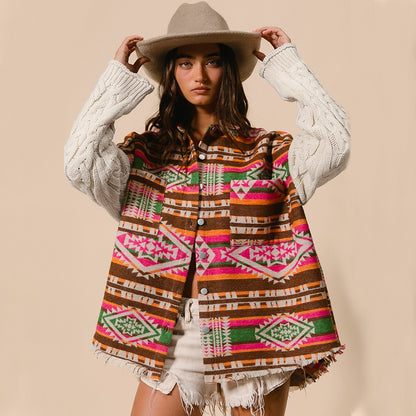 Women Clothing Popular Knitted Sleeve Patchwork Wool Coat Aztec Ethnic Loose Jacket