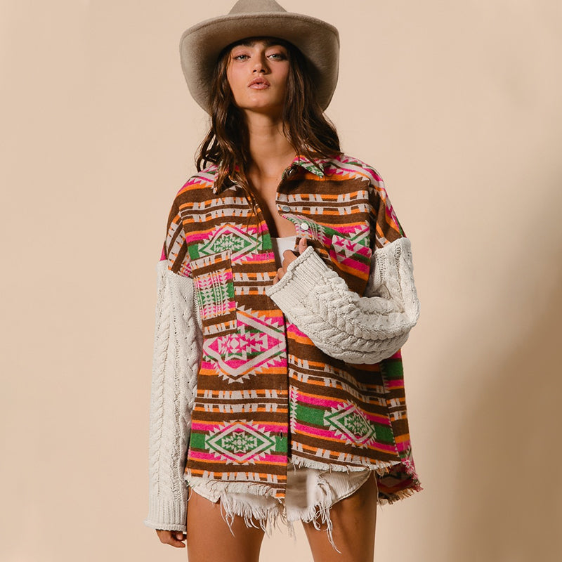 Women Clothing Popular Knitted Sleeve Patchwork Wool Coat Aztec Ethnic Loose Jacket