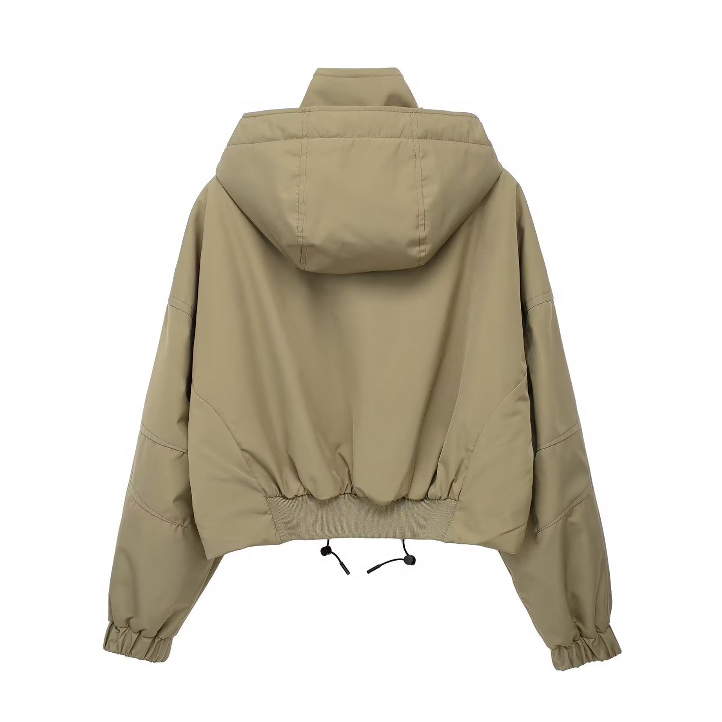 Design Hem Elastic Drawstring Short Hooded Top Women Retro Loose Casual Zipper Cardigan Outerwear