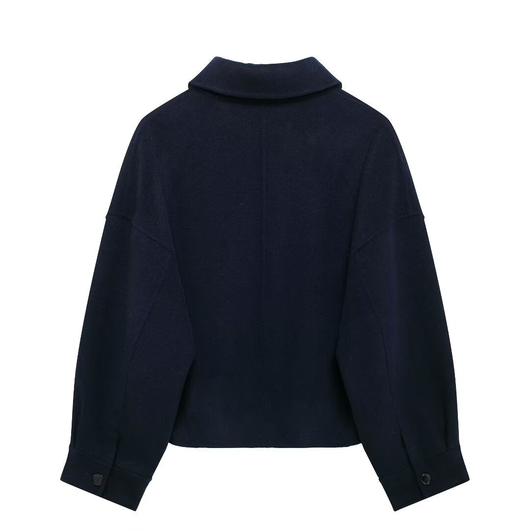 Women Clothing Autumn Winter Street Solid Color Polo Collar Woolen Coat