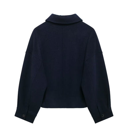 Women Clothing Autumn Winter Street Solid Color Polo Collar Woolen Coat