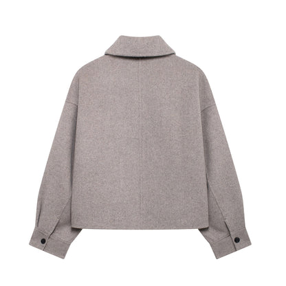 Women Clothing Autumn Winter Street Solid Color Polo Collar Woolen Coat