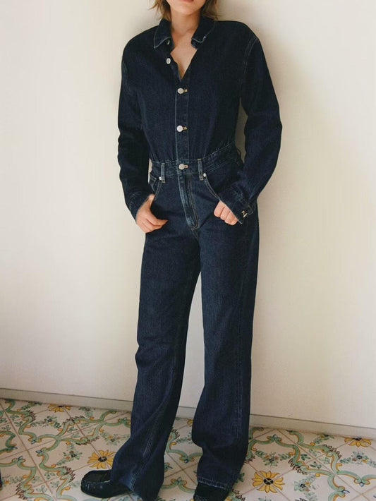 Women Clothing Autumn Shirt Long Sleeve Wide Leg Long Denim Jumpsuit