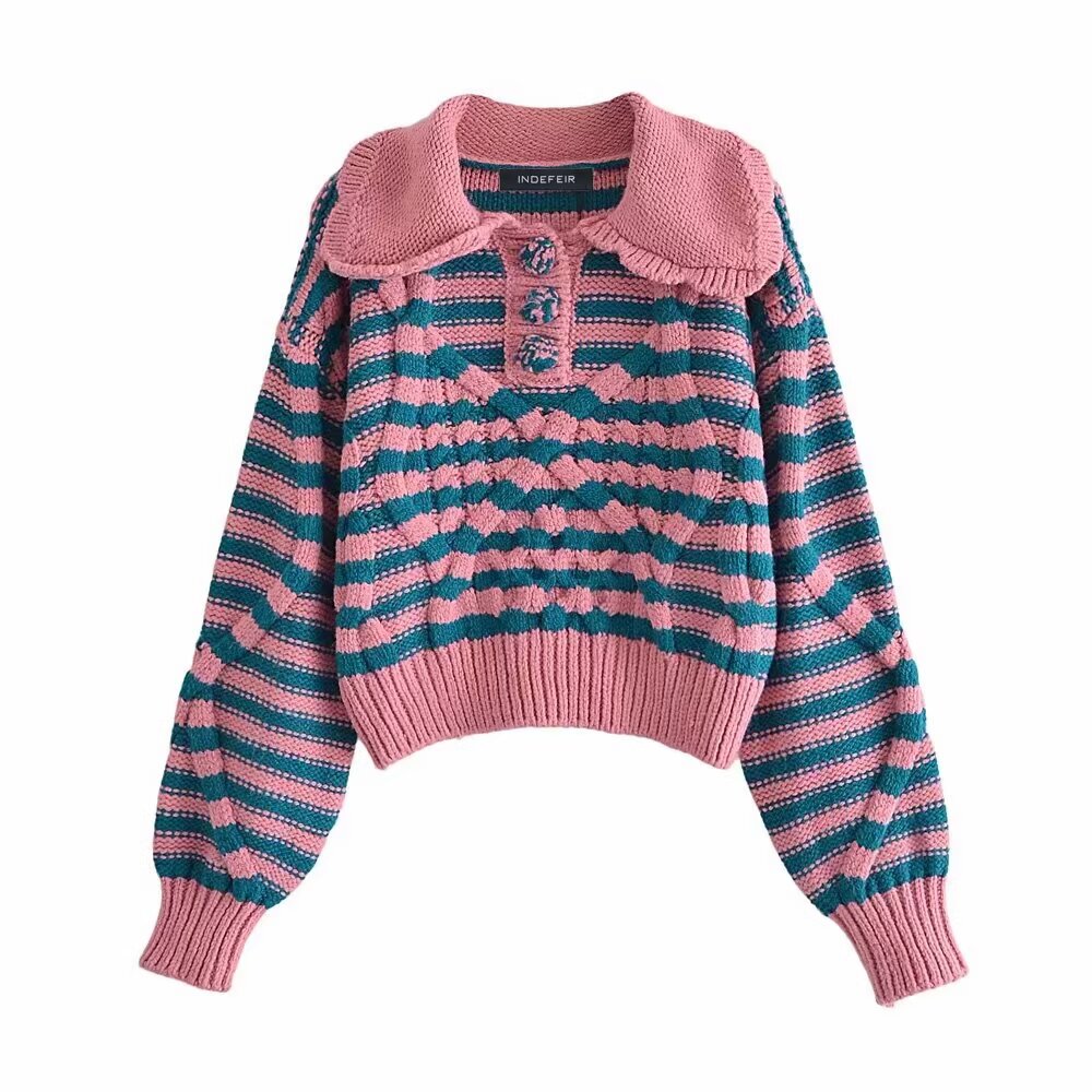 Women Clothing Autumn Winter Street Striped Eight Strand Knitted Sweater