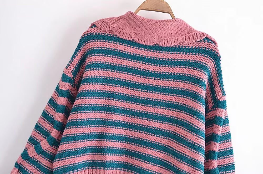 Women Clothing Autumn Winter Street Striped Eight Strand Knitted Sweater