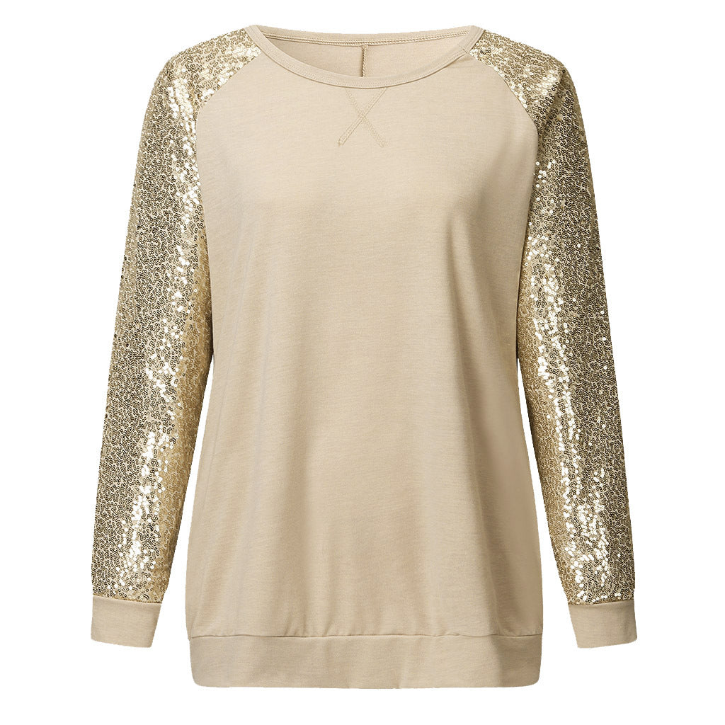 Sequined Knitted Sweater Women  Popular round Neck Long Sleeve  Straight Top
