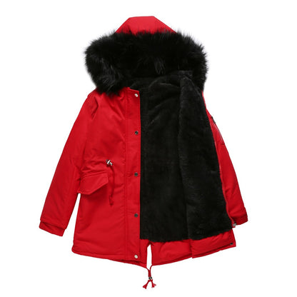 Size Big Fur Collar Thickened Women Cotton-Padded Coat Mid-Length Hooded Winter Warm Fleece Overcoat Cotton-Padded Coat