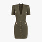 Spring Knitted Short Sleeved V neck Dress Sheath Army Green Black Texture