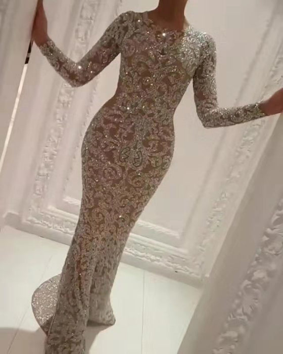 Bronzing Long Sleeve Slim Sexy Dress Evening Dress