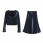 Women Clothing Summer Satin Long Sleeve Shirt Waist Mid Length Dress Set