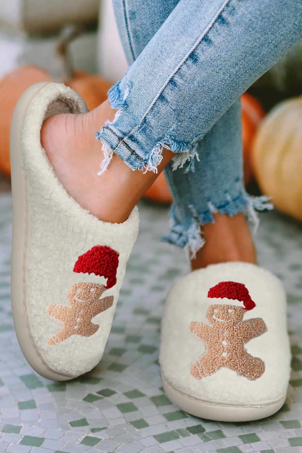 White Christmas Gingerbread Man Plush Slippers