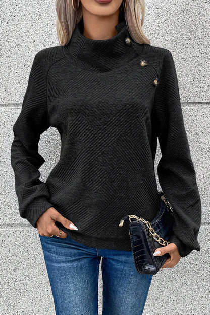 Apricot Solid Color Button Detail Textured Sweatshirt