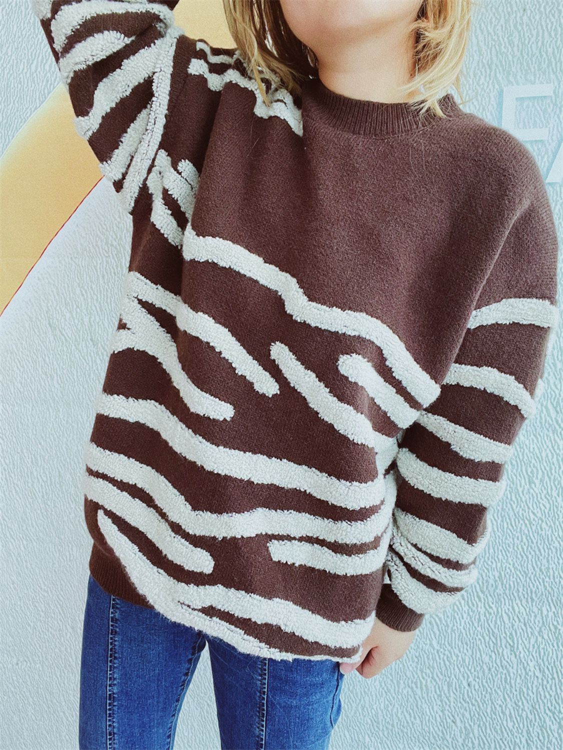 Contrast Round Neck Long Sleeve Sweater