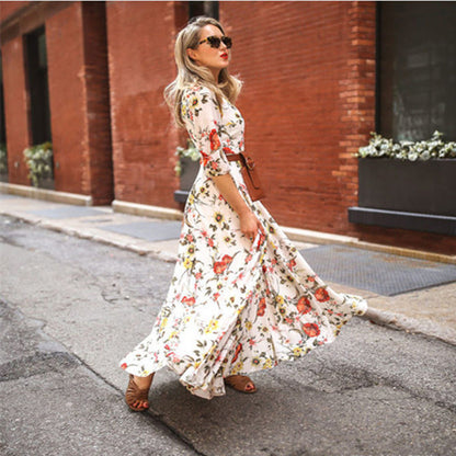 Spring Autumn Dress Printed Large Swing Elegant Chiffon Floral Slim Fitting Dress