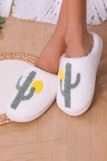 White Fuzzy Cactus Pattern Winter Home Slippers